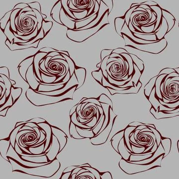 Seamless pattern with contour dark red roses on grey background Stock Illustration