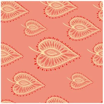 Seamless pattern contour doodle decor leaves on pink background Stock Illustration