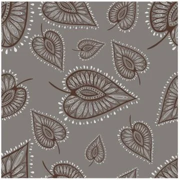 Seamless pattern contour doodle decor brown leaves on steeple gray background Stock Illustration