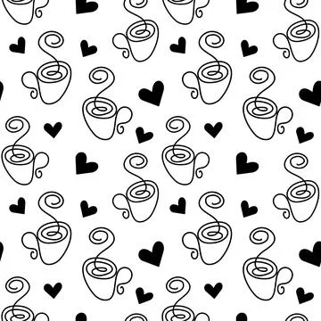 Seamless pattern from the contour drawing of a cup with flowing steam and heart Stock Illustration