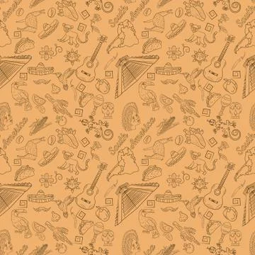 Seamless pattern, contour drawing on South America theme, animals, people, bu Stock Illustration