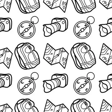 Seamless pattern contour drawings of hiking, camping Stock Illustration