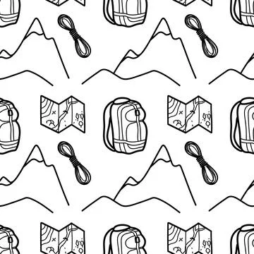 Seamless pattern contour drawings of hiking, camping Stock Illustration