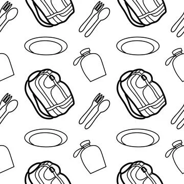 Seamless pattern contour drawings of hiking, camping Stock Illustration