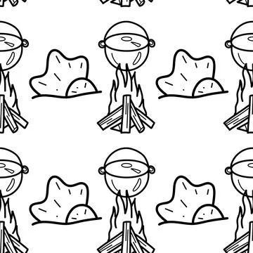 Seamless pattern contour drawings of hiking, camping Stock Illustration