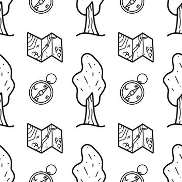 Seamless pattern contour drawings of hiking, camping Stock Illustration