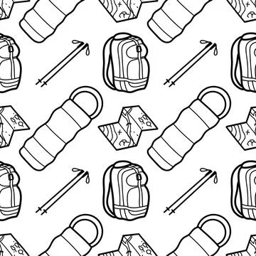 Seamless pattern contour drawings of hiking, camping Stock Illustration