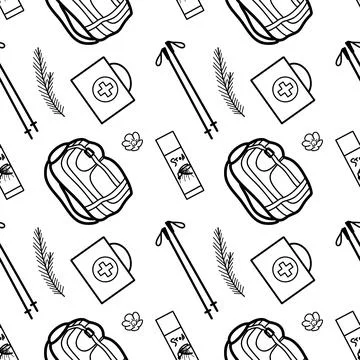 Seamless pattern contour drawings of hiking, camping Stock Illustration