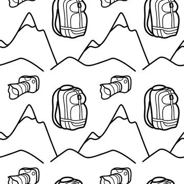 Seamless pattern contour drawings of hiking, camping Stock Illustration