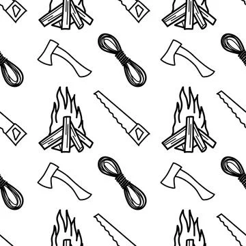 Seamless pattern contour drawings of hiking, camping Stock Illustration