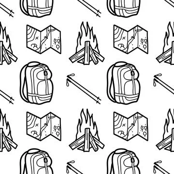Seamless pattern contour drawings of hiking, camping Stock Illustration