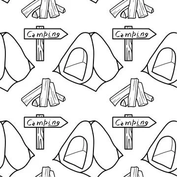 Seamless pattern contour drawings of hiking, camping Stock Illustration