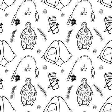 Seamless pattern contour drawings of hiking, camping Stock Illustration