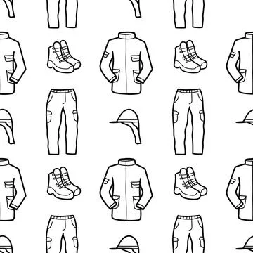 Seamless pattern contour drawings of hiking, camping Stock Illustration