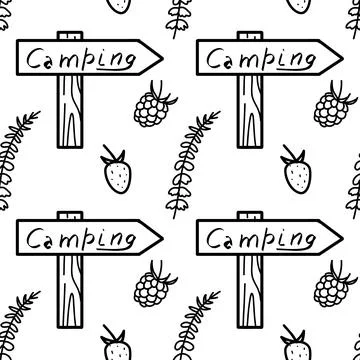 Seamless pattern contour drawings of hiking, camping Stock Illustration