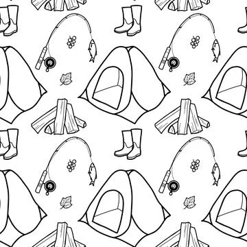 Seamless pattern contour drawings of hiking, camping Stock Illustration
