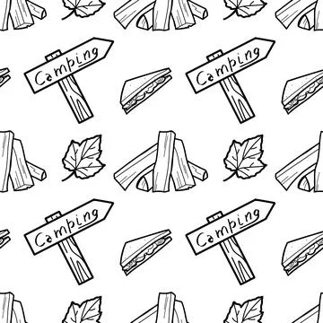 Seamless pattern contour drawings of hiking, camping Stock Illustration