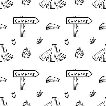 Seamless pattern contour drawings of hiking, camping Stock Illustration