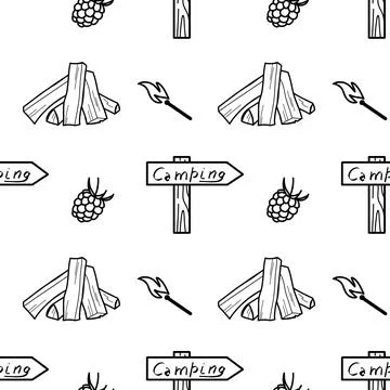Seamless pattern contour drawings of hiking, camping Stock Illustration