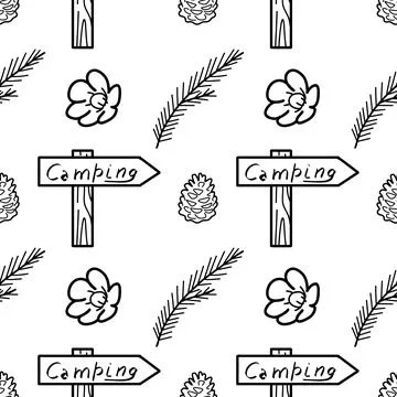 Seamless pattern contour drawings of hiking, camping Stock Illustration