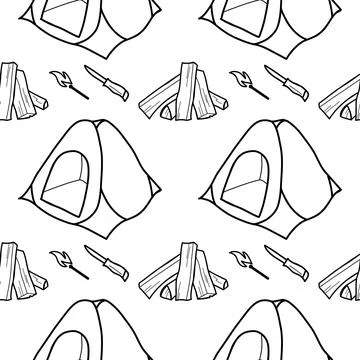 Seamless pattern contour drawings of hiking, camping Stock Illustration
