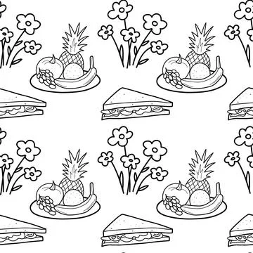 Seamless pattern contour drawings of picnic elements Stock Illustration