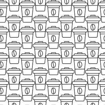 Seamless pattern Contour drawn disposable coffee cups with lid and coffee bean Stock Illustration
