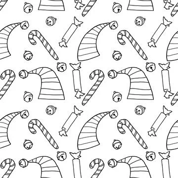 Seamless pattern of contour Elf caps with bell, hats, sweets, candy cane, lol 스톡 일러스트