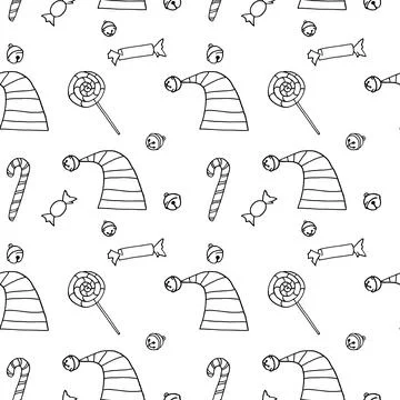 Seamless pattern of contour Elf caps with bell, hats, sweets, candy cane, lol 스톡 일러스트