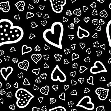 Seamless pattern, contour heart with dots on black, vector for textiles, wall Stock Illustration