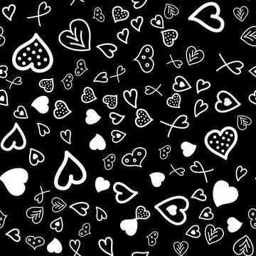 Seamless pattern, contour heart with dots on black, vector for textiles, wall Stock Illustration