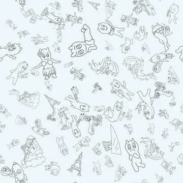 Seamless pattern contour illustration of funny Doodle little men in Chibi sty Stock Illustration
