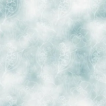 Seamless pattern of contour illustrations of flowers, twigs and couples in lo Stock Illustration