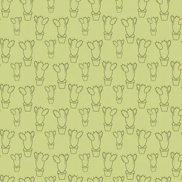 Seamless pattern from the contour image of a cactus in a pot on a spring light Stock Illustration