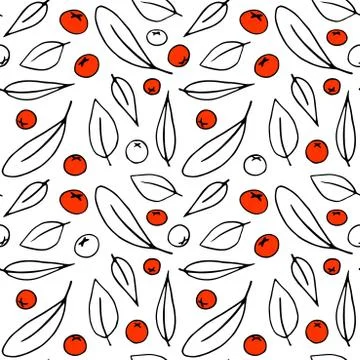 Seamless pattern contour leaves and small red berries of mountain ash isolate イラスト素材
