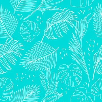Seamless pattern with contour lines monochrome tropical jungle palm tree leav Stock Illustration