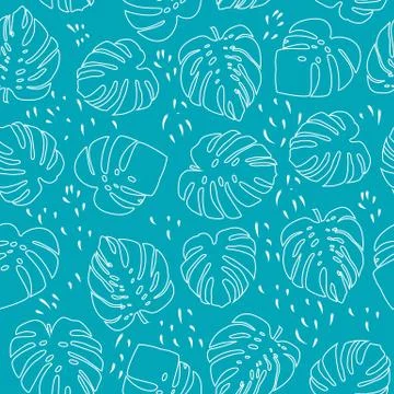 Seamless pattern with contour lines monochrome monstera, tropical jungle leav Stock Illustration