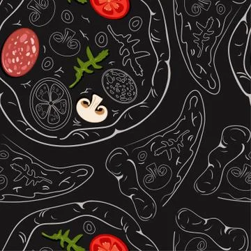 Seamless pattern of contour pizzas and pizza slices with color ingredients Stock Illustration