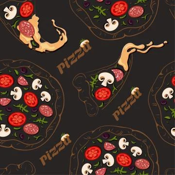 Seamless pattern of contour pizzas and pizza slices with color ingredients Stock Illustration
