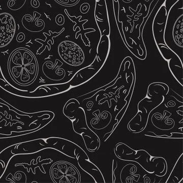 Seamless pattern of contour pizzas and pizza slices on black background Stock Illustration