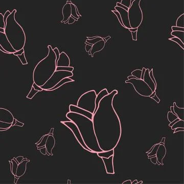Seamless pattern with contour of roses flowers on a gray background . Stock Illustration