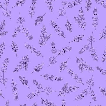 Seamless pattern with contour sprigs of lavender on lilac background Stock-Illustration