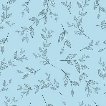 Seamless pattern with contour twigs and leaves on a blue background Stock Illustration