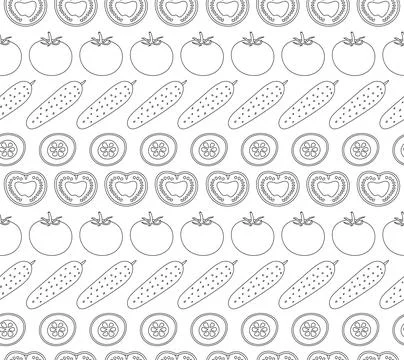 Seamless pattern of contour vegetables - tomatoes and cucumbers. Tomato halves Stock Illustration