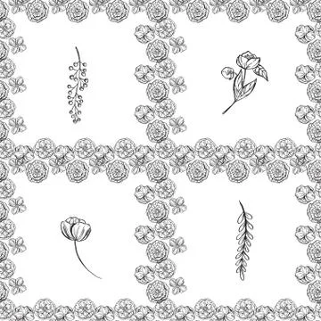 Seamless pattern with contoured flowers and leaves,  background Stock Illustration