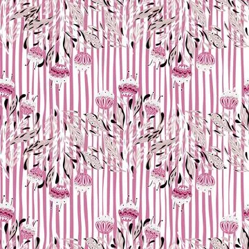 Seamless pattern with contoured foliage ethnic flowers elements print. Stripe イラスト素材