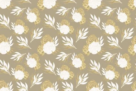 Seamless pattern of contoured gold illustrations of flowers, succulents and t Stock Illustration