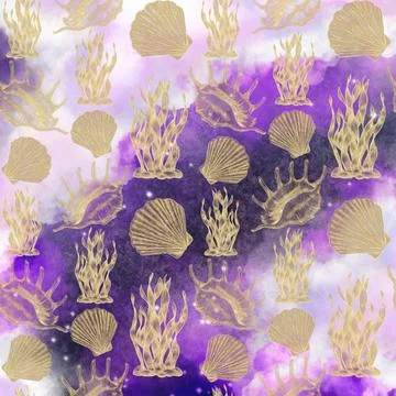 Seamless pattern with contoured golden illustrations of shells and algae on t Illustrazione stock
