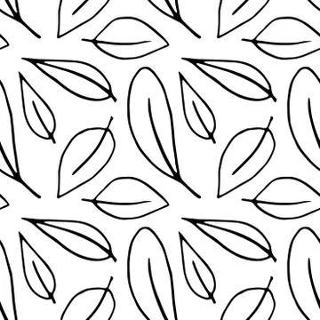 Seamless pattern of contoured leaves isolated on white background, black outl Stock Illustration