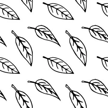 Seamless pattern of contoured leaves isolated on white background, black outl Illustrazione stock